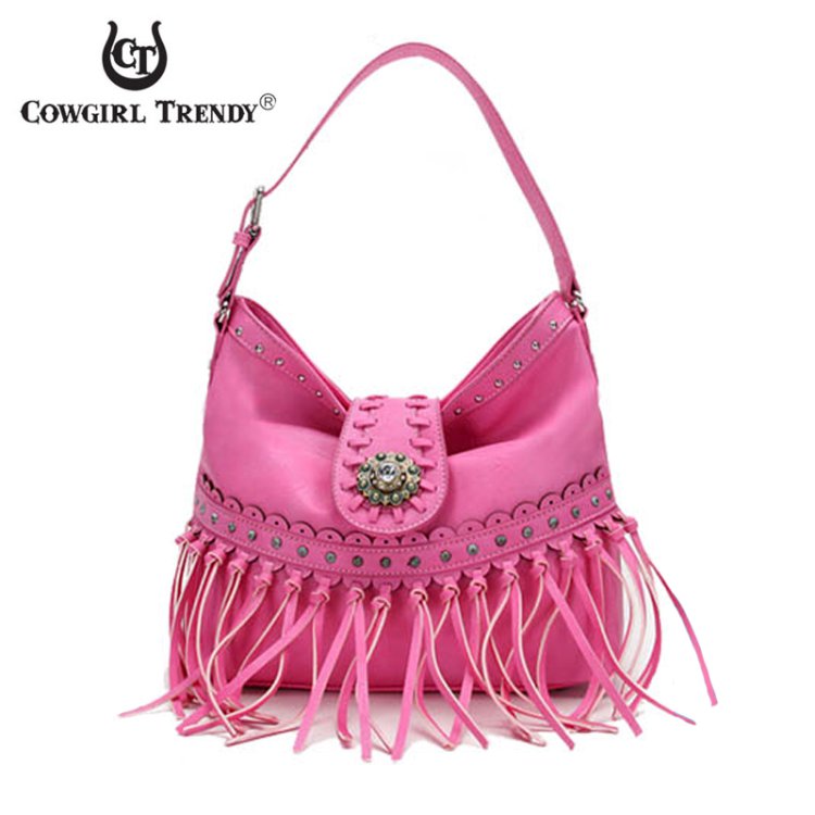 Pink Western Cowgirl Fringe Accented Bucket Hobo HandBag