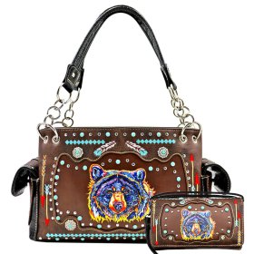 Brown Western Concealed Carry Purse And Wallet Set With Bear Embroidery