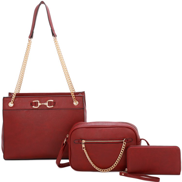 Burgundy 3-Piece Big Handbag With Middle Messenger And Wallet