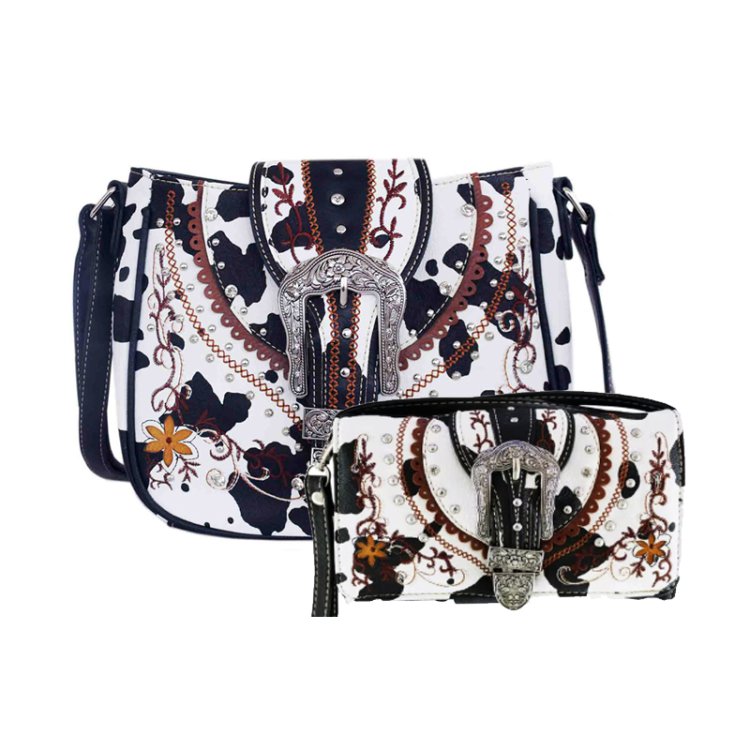 Black Concealed Carry Crossbody W/ Cow-Print Purse & Wallet Set