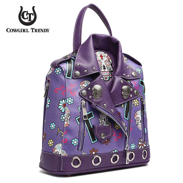 Purple 'Skull & Cross' Biker Jacket Backpack Handbag