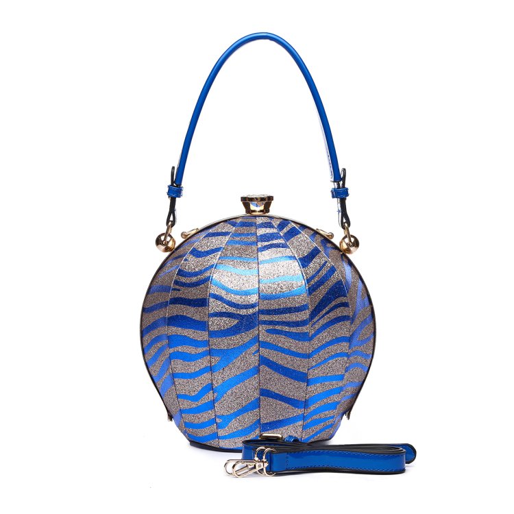Blue Oval Multi Clip Metallic Zebra Print Handbag