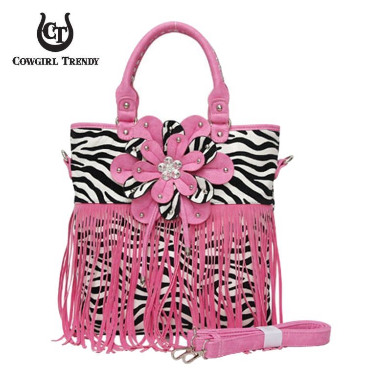 Daisy Pink Zebra Printed W/ Flower & Fringe Handbag
