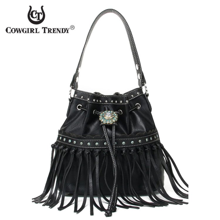 Black Western Cowgirl Fringe Accented Bucket Hobo HandBag