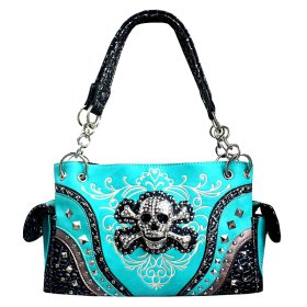 TURQUOISE WESTERN CONCEALED CARRY PURSE WITH SKULL EMBROIDERY