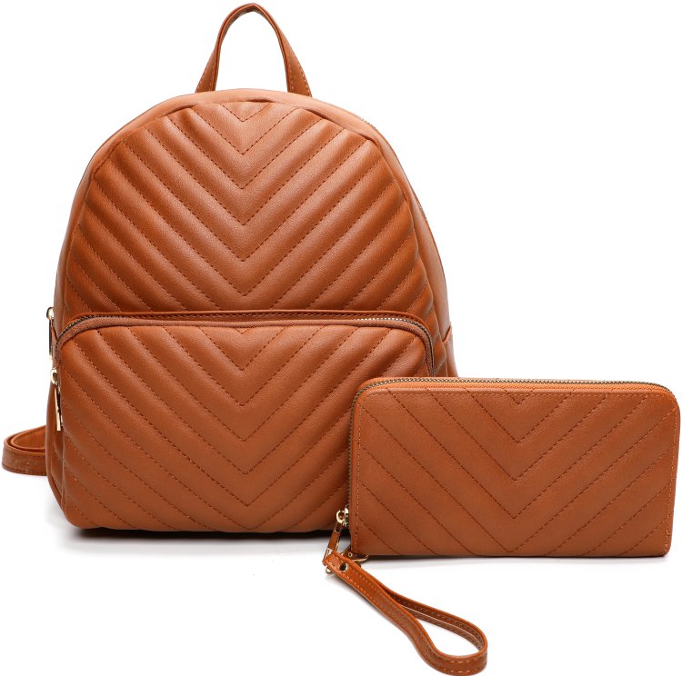 Brown Stitching Style Backpack & Wallet Set
