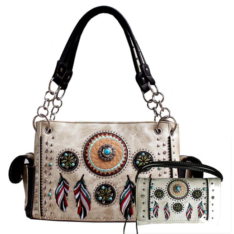 Beige Western Concealed Carry Purse & Wallet Set With Tribal Feather Embroidery