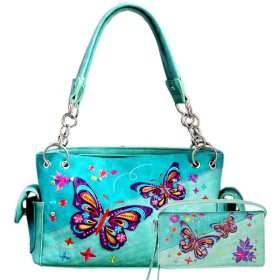 TURQ WESTERN CONCEALED CARRY PURSE AND WALLET SET WITH BUTTERFLY EMBROIDERY