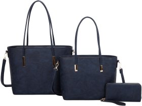 NAVY 3-PIECE FASHION PU LONG HANDLE TOTE BAG WITH MATCHING BAGS SET
