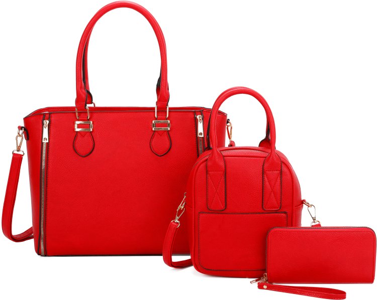 Red 3-Piece Plain Tote Bag With Backpack And Wallet Set