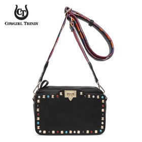Black Solid Flap Color-Stones & Studs Makeup Purse/Case.