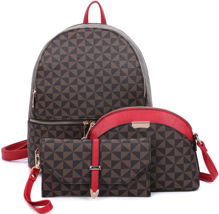 Burgundy 3-Piece Cute Checked Fashion Backpack Set