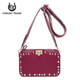 Violet-Red Solid Flap Color-Stones & Studs Makeup Purse/Case.