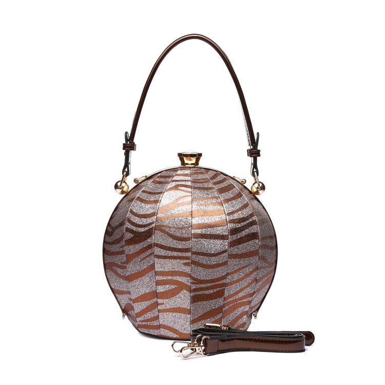 Brown Oval Multi Clip Metallic Zebra Print Handbag