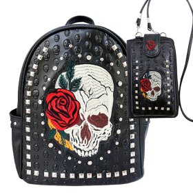 Black Western Concealed Carry Backpack With Skull Embroidery and Cell Phone Wall