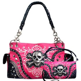 Hot Pink Western Concealed Carry Skull Embroidery Bag Purse and Wallet Set