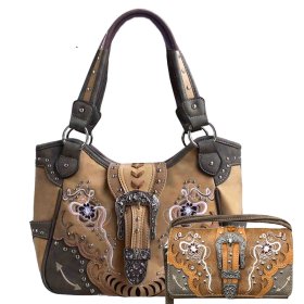 Tan Premium Buckle Embroidery Concealed Carry Purse & Wallet Set