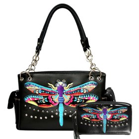 Black Western Concealed Carry Purse & Wallet Set With Dragon Fly Embroidery