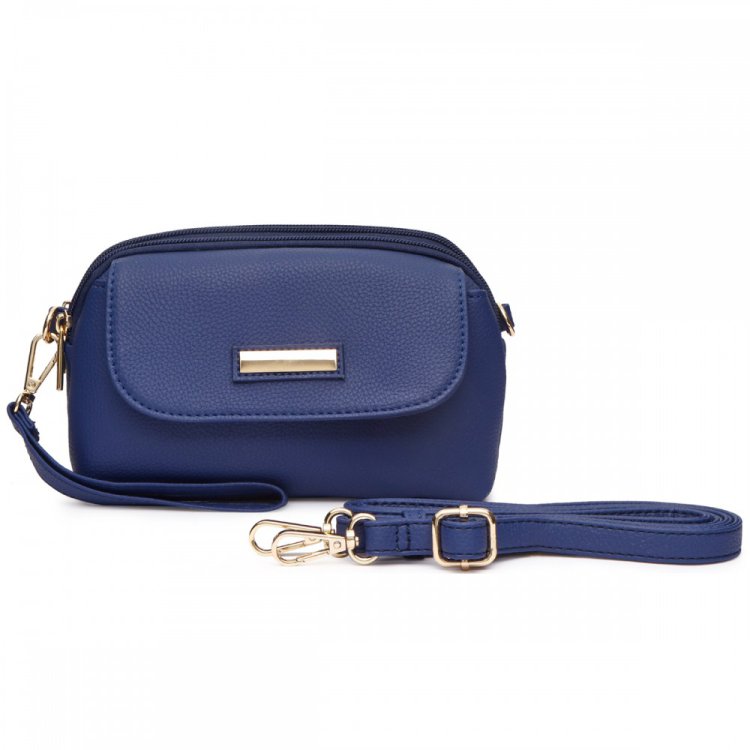 Blue Flap Over Crossbody Purse With Wrist & Shoulder Strap