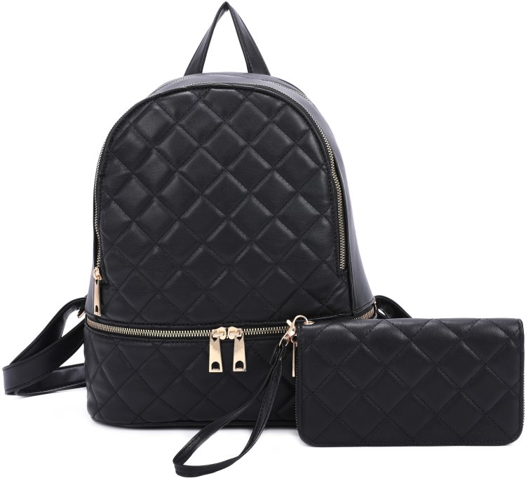Black Quilted Style Backpack & Wallet Set