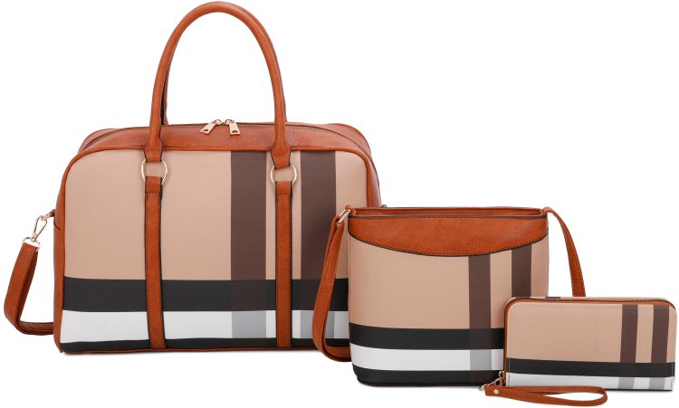 Brown Plaid Fashion 3-Piece Purse Set With Messenger