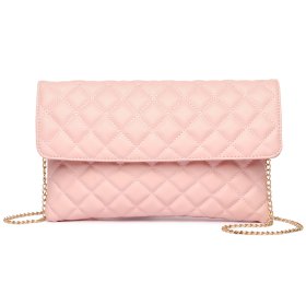 Pink Quilted Fashion Flapover Clutch Crossbody Bag
