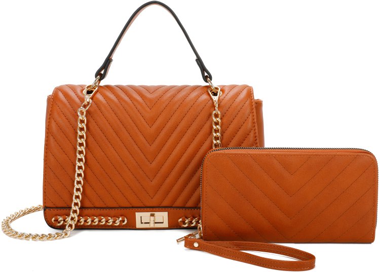 Brown V Stitching Fashion Purse & Wallet Set
