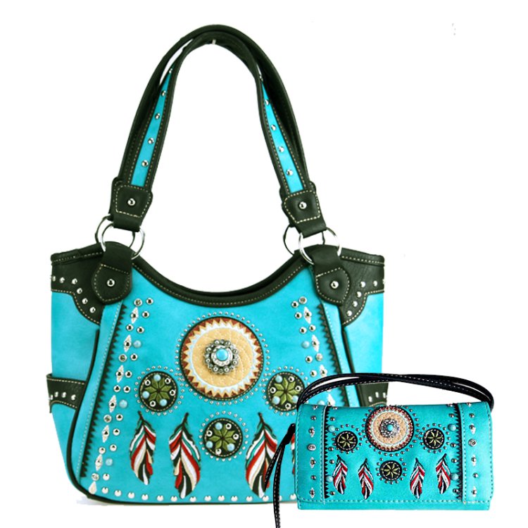 Turquoise Western Concealed Carry Purse With Tribal Feather Embroidery