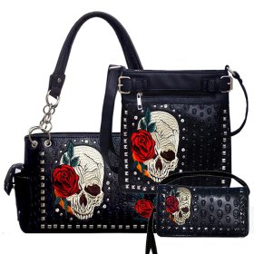 Black 3-Piece Western Concealed Carry Purse With Skull Embroidery