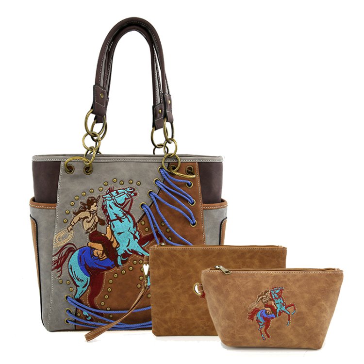 Classic Western Horse Embroidered Tote Bag 3-Piece Purse Set