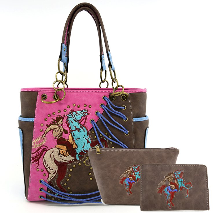 Classic Western Horse Embroidered Tote Bag 3-Piece Purse Set