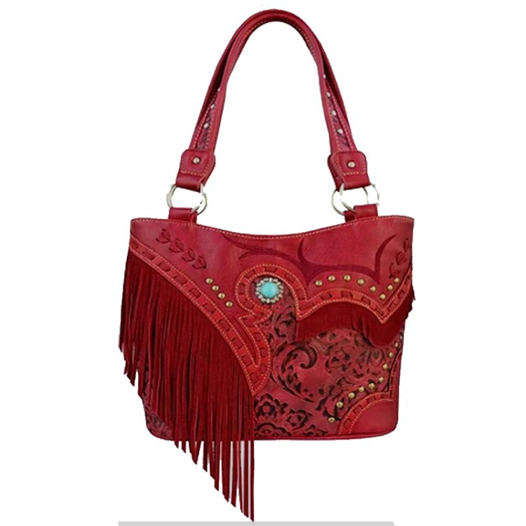 Red Western Fringe Purse with Concealed Carry Pocket and Embroidery Design
