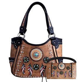 Tan Western Concealed Carry Purse With Tribal Feather Embroidery