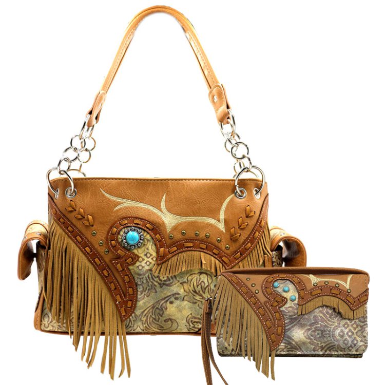 Tan Western Concealed Carry Purse & Wallet Set With Fringe Multi-Ring Embroidery