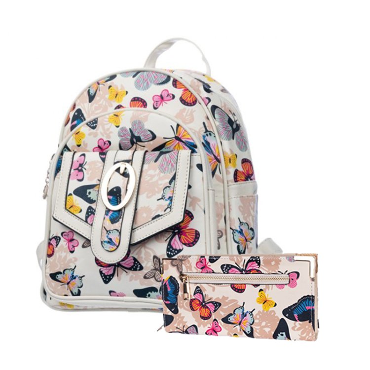 Beige Signature Inspired Fashion Backpack & Wallet Set