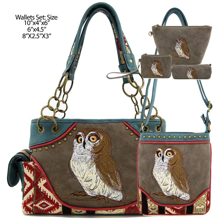 Classic Western 5 in 1 Owl Embroidered Concealed Carry Shoulder Purse Set