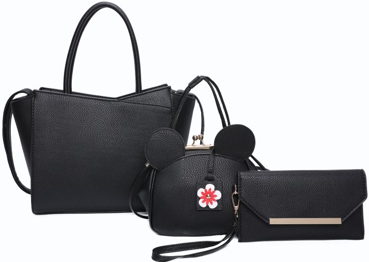 Black 3-Piece Stylish Plain Floral Tote Bag With Ears Mini Bag