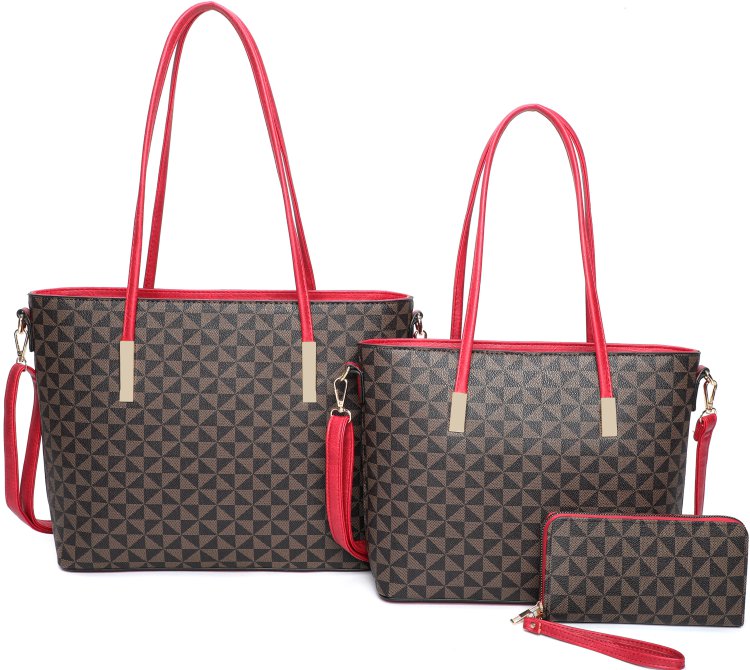 Burgundy 3-Piece Fashion Monogram Long Handle Tote Bag With Matching Wallet
