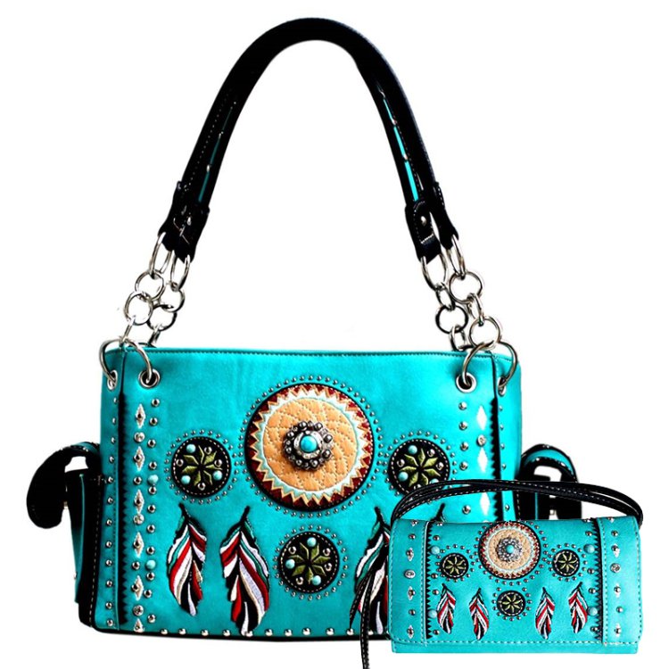 Turquoise Western Concealed Carry Purse & Wallet Set W/ Feather Embroidery