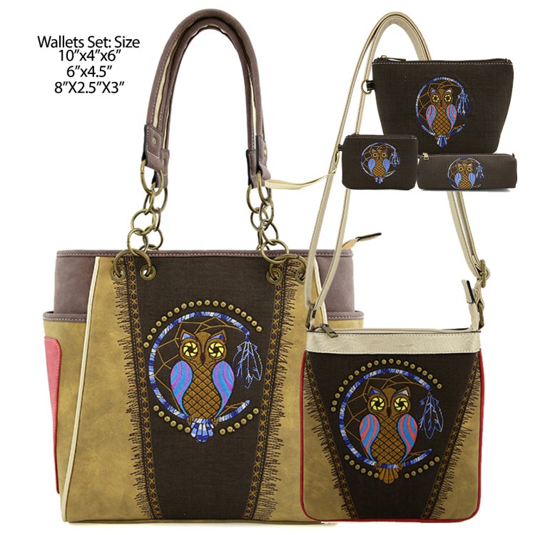 Classic Western 5 in 1 Owl Embroidered Concealed Carry Tote Purse & Wallet Set