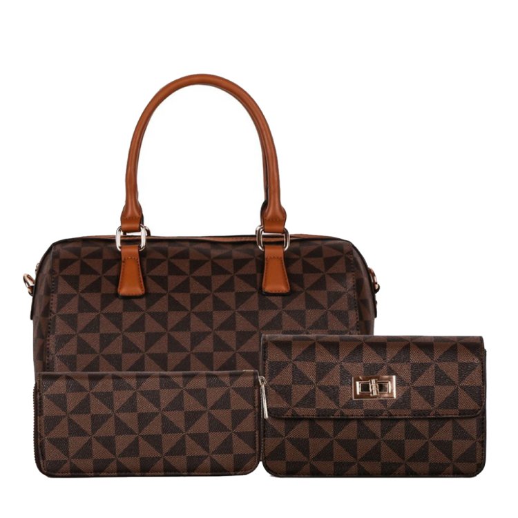 Brown Monogram Handbag Crossbody Wallet 3-Piece Purse Set