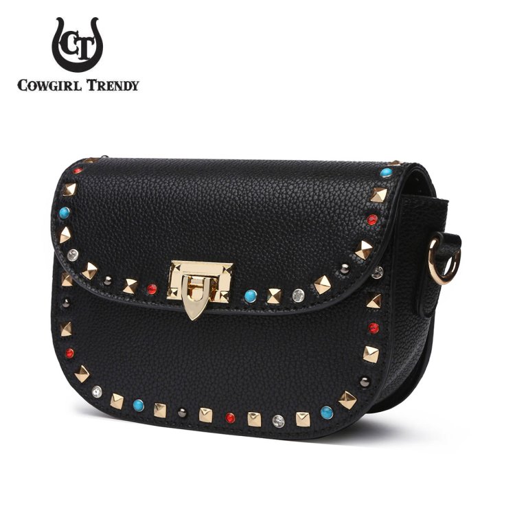 Black Solid Flap Color-Stones & Studs Crossbody Purse