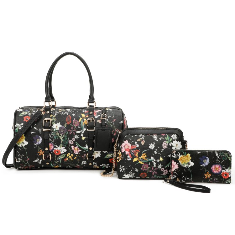 3 IN 1 FLORAL PRINTED DUFFLE BAG WITH CROSSBODY AND WALLET SET