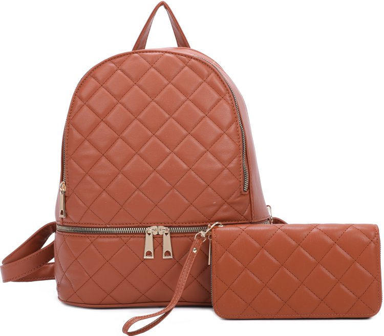 Brown Quilted Style Backpack & Wallet Set