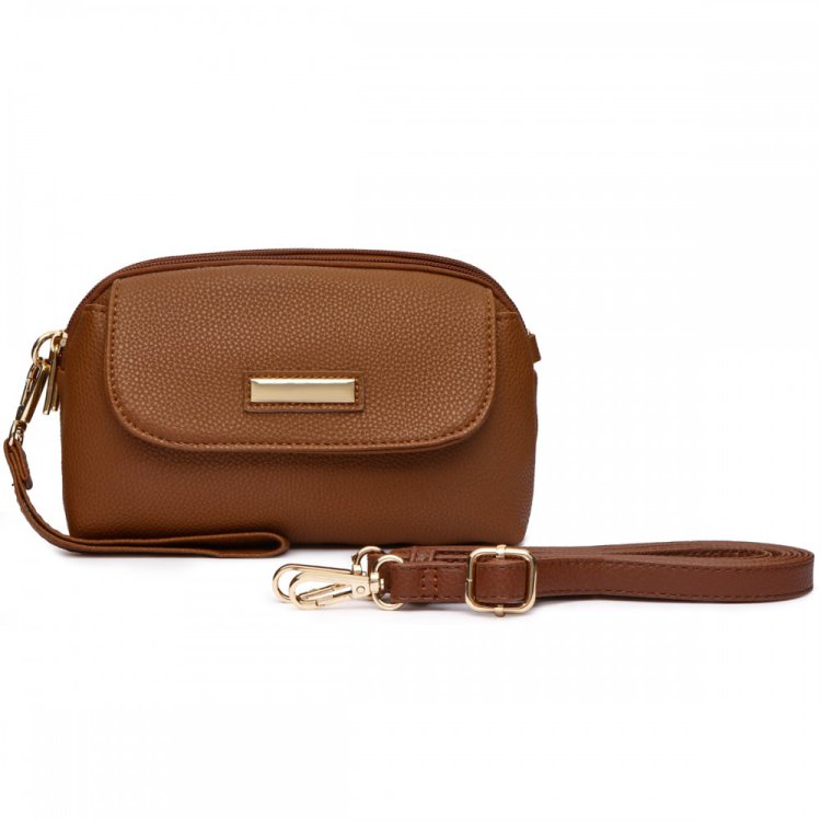 Brown Flap Over Crossbody Purse With Wrist & Shoulder Strap
