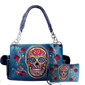 Turquoise Western Concealed Carry Purse And Wallet Set With Skull Embroidery