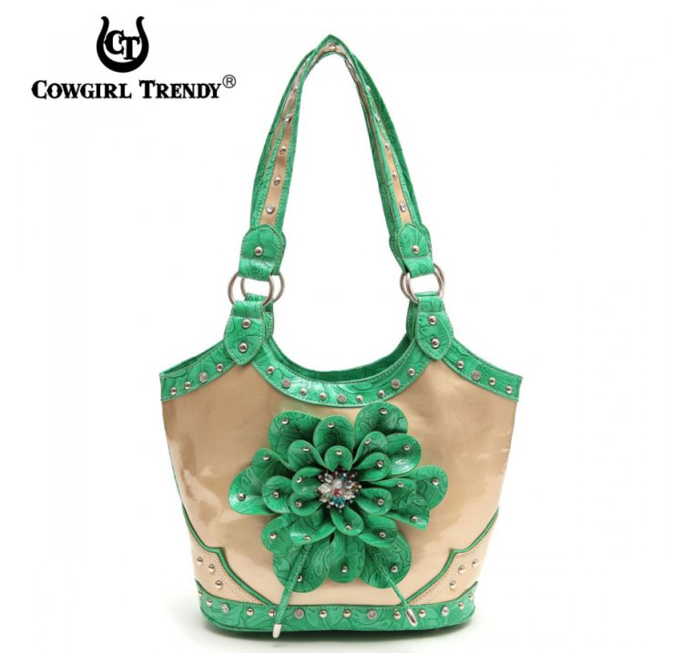 Green Western Flower Center Accented Handbag