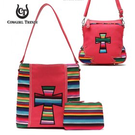 Coral Western Multi Stripe Cross Hobo Bag Purse & Wallet Set