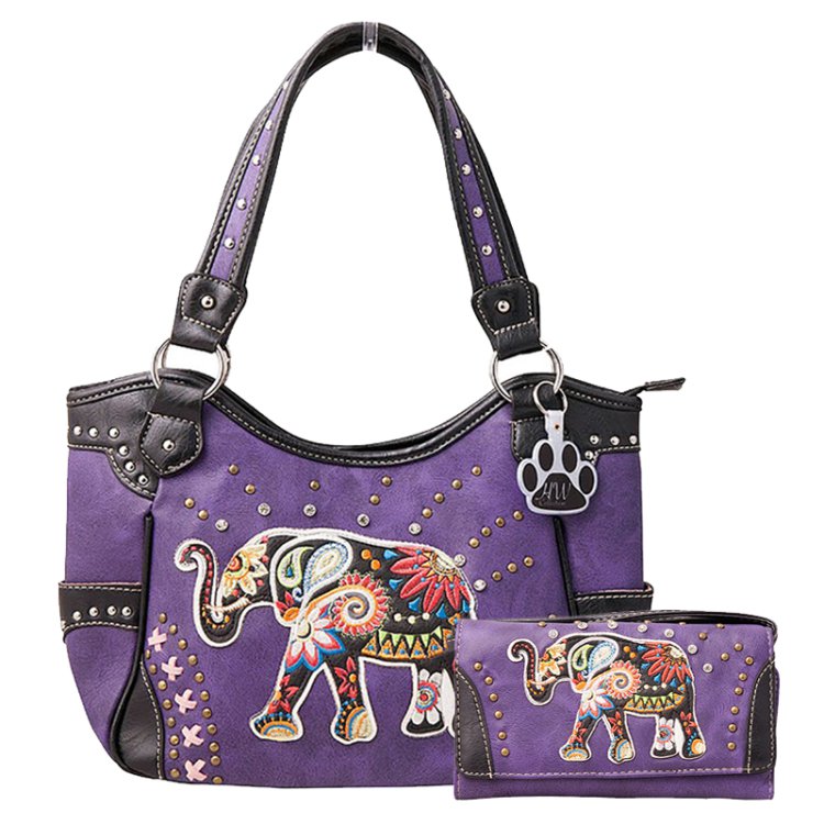 Purple Western Concealed Carry Purse And Wallet Set With Elephant Embroidery