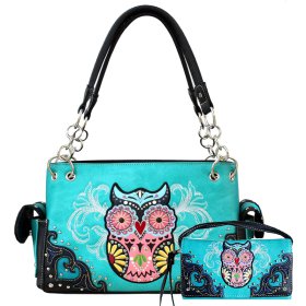 Turquoise Western Concealed Carry Purse And Wallet Set With Owl Embroidery